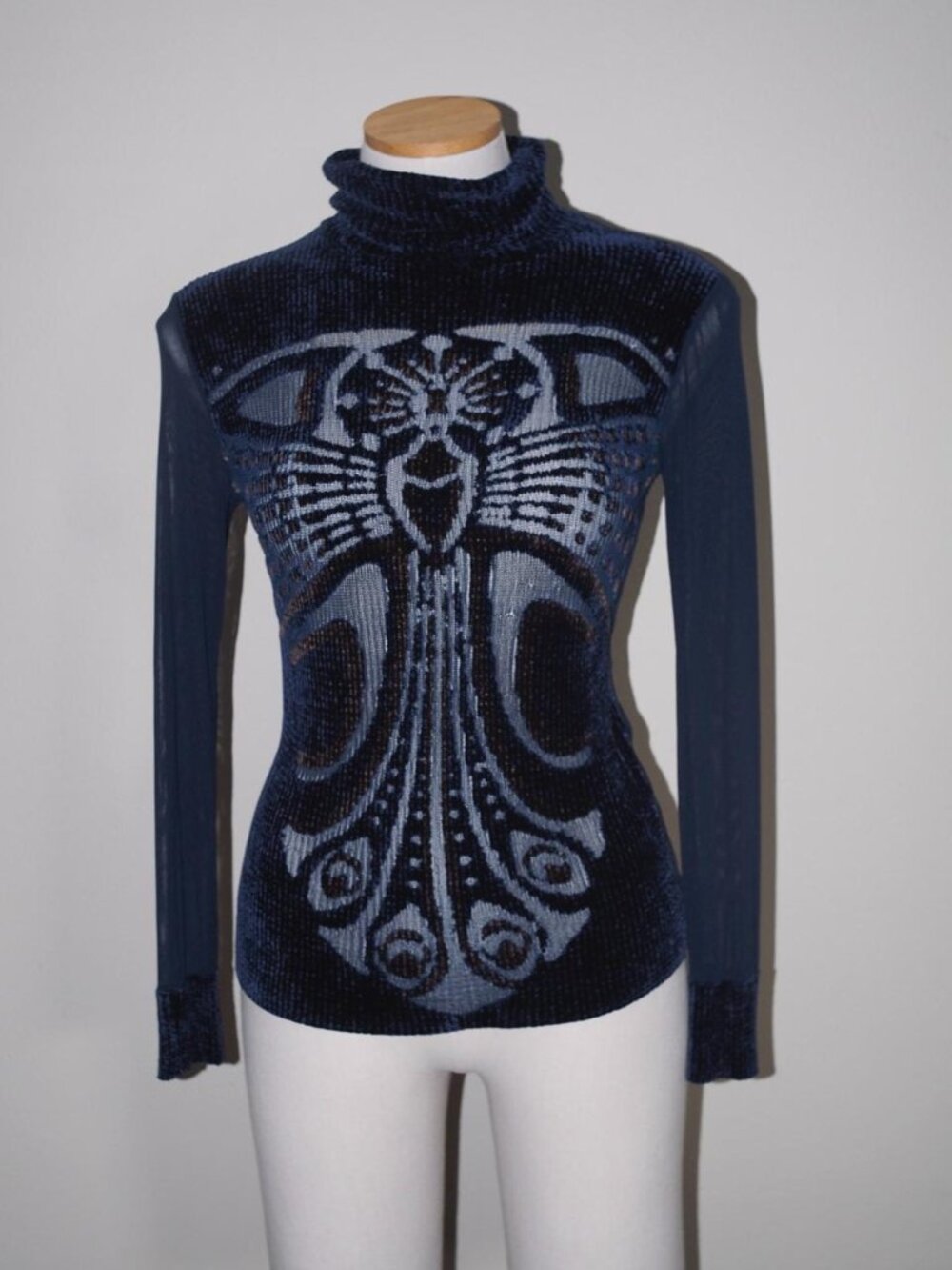 Y2K Blue Velvet Butterfly Sheer Mesh Turtleneck Top | fits Small